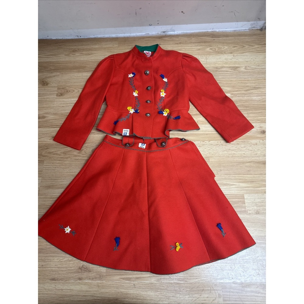 Vintage 1930 Wiener Werkstatte Child's Wool/felt Red Jacket And Skirt W/flowers